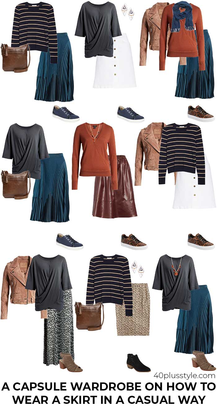 Capsule wardrobe on how to wear a skirt in a casual chic way | 40plusstyle.com