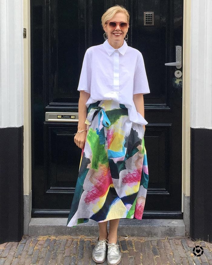 White shirt and printed skirt | 40plusstyle.com