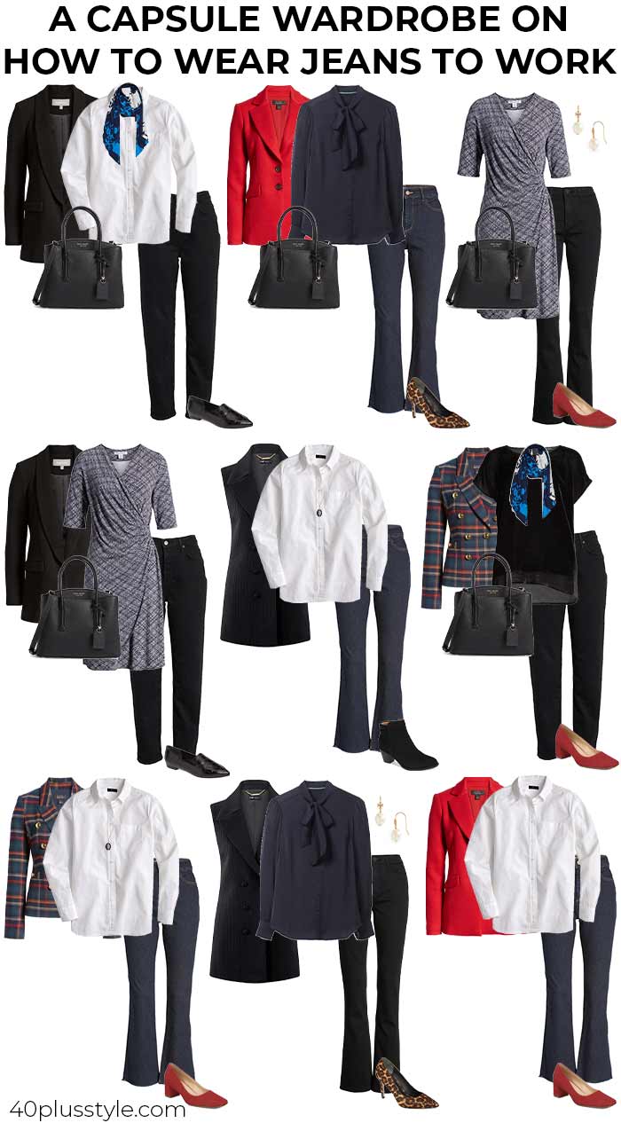 A capsule wardrobe on how to wear jeans to work | 40plusstyle.com