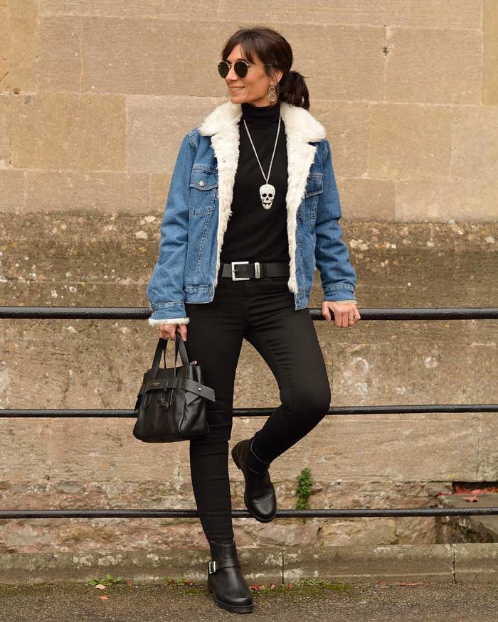 fur denim jacket and jeans | 40plusstyle.com