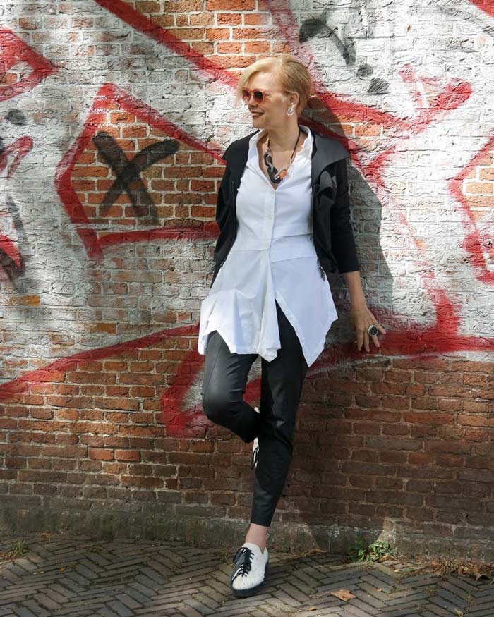 Leather jacket and pants white top | 40plusstyle.com