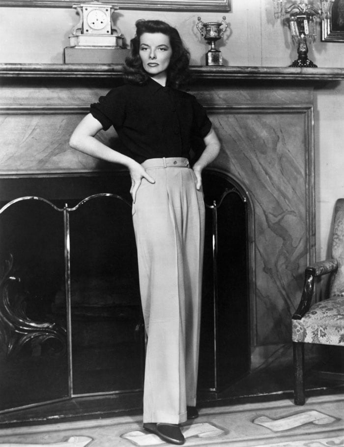 Katharine Hepburn in wide leg pants | 40plusstyle.com