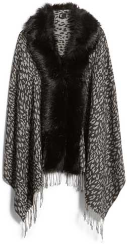 shrugs and boleros for evening dresses: Love Token faux fur trim knit wrap | 40plusstyle.com