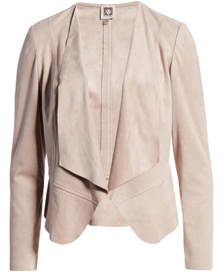 Anne Klein drap front faux suede jacket | 40plusstyle.com