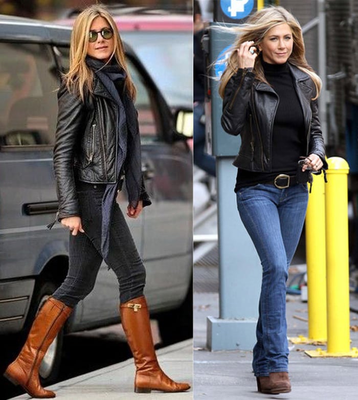 Jennifer Aniston fall look - moto jackets | 40plusstyle.com