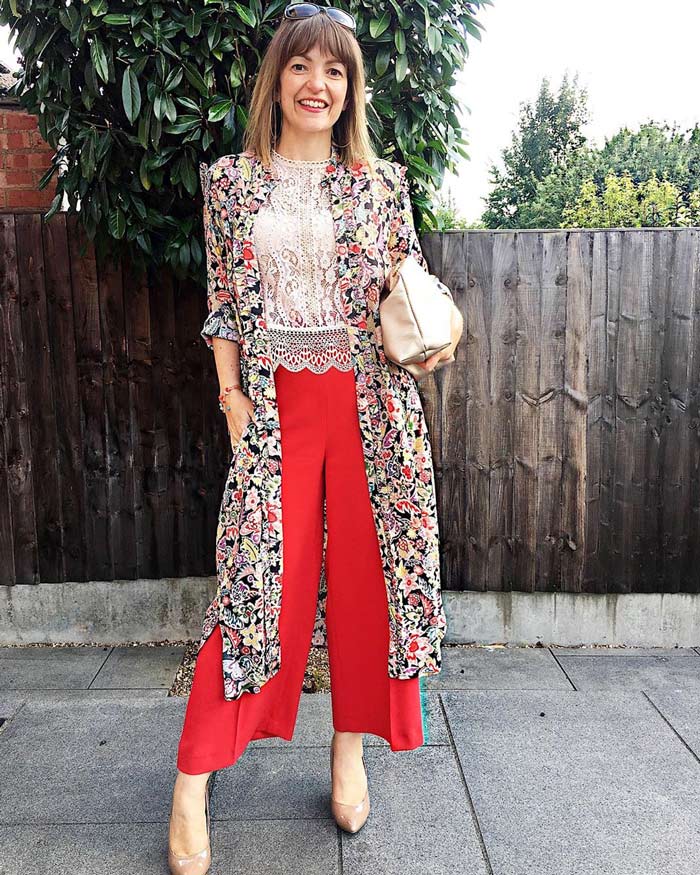 Lizzi Richardson wearing red and florals | 40plusstyle