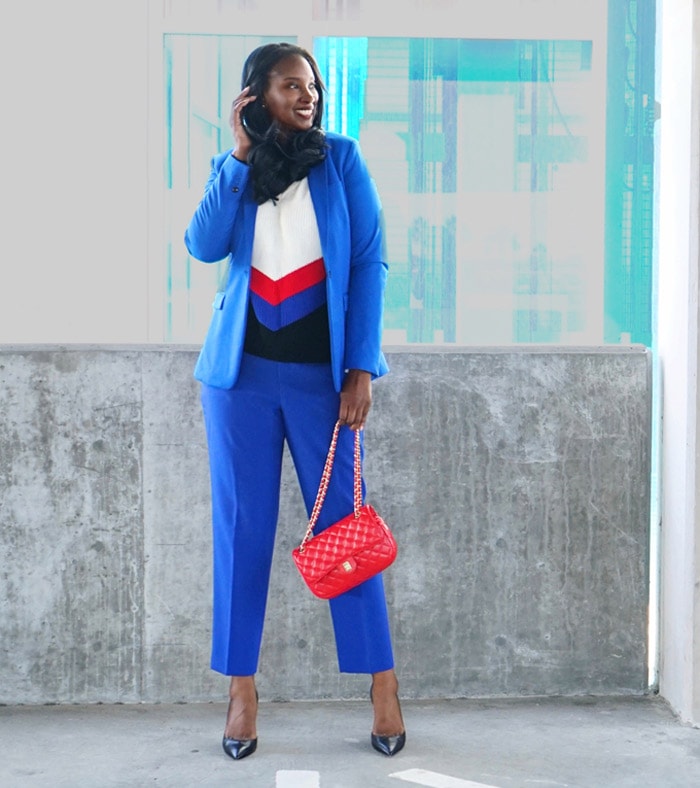 Tanasha wearing a sweater with her blazer coordinates | 40plusstyle.com