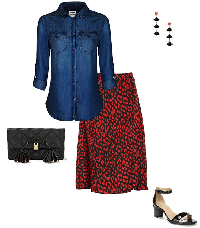 A denim shirt & dressy skirt | 40plusstyle.com