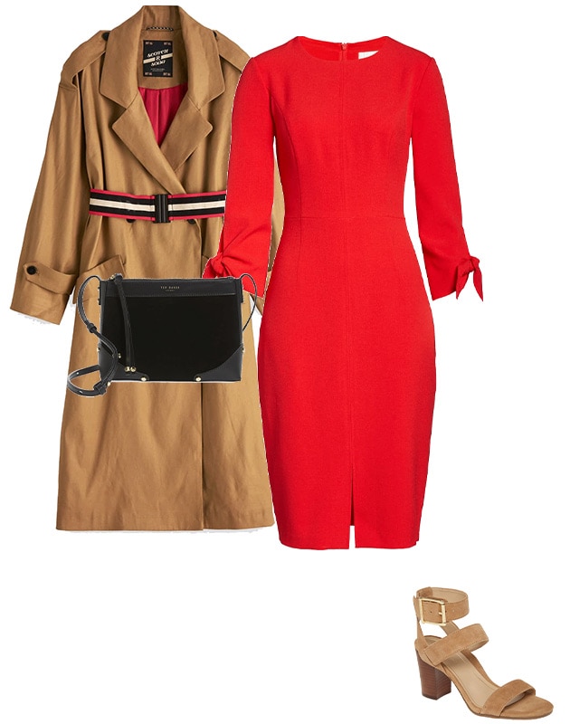 a classic trench coat and red dress | 40plusstyle.com