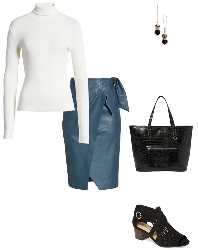 a leather wrap skirt worn with a turtleneck | 40plusstyle.com