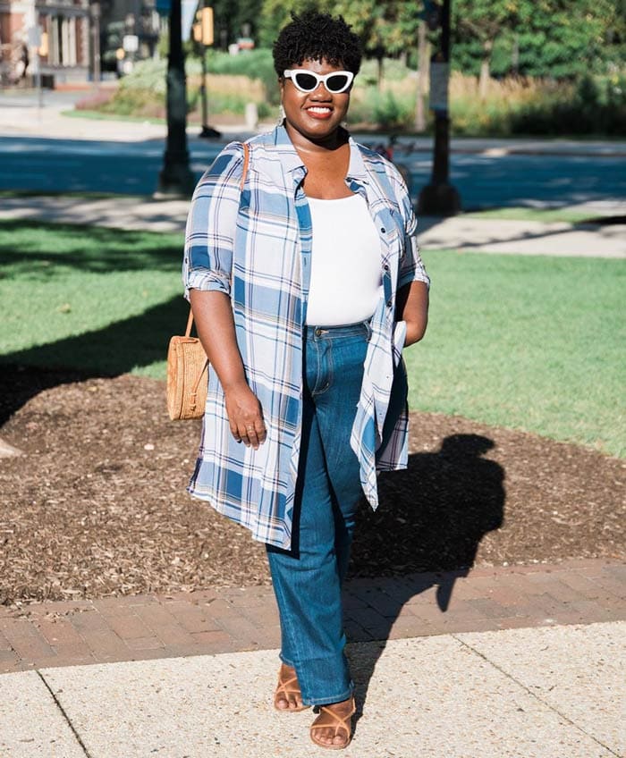a shirt dress worn as a topper over jeans | 40plusstyle.com