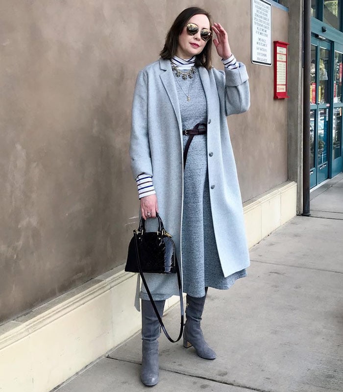 light grey shoes and matching bag