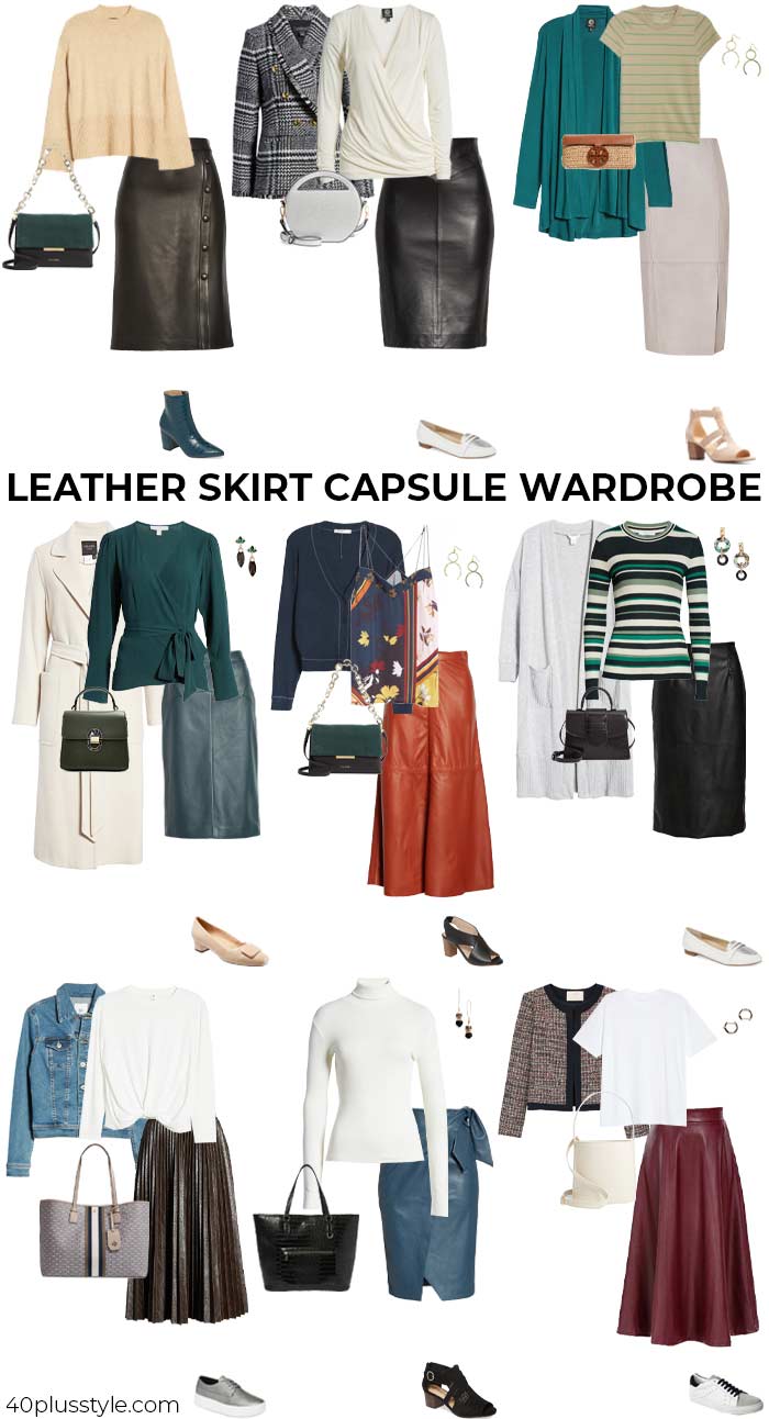 A capsule wardrobe on how to wear a leather skirt | 40plusstyle.com