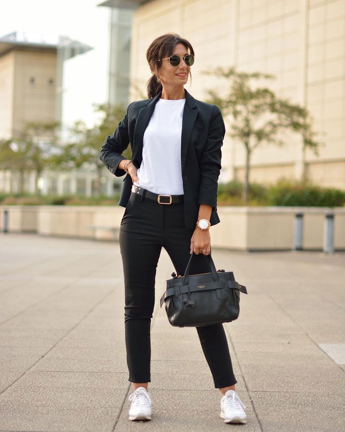 a monochrome outfit featuring a black blazer | 40plusstyle.com