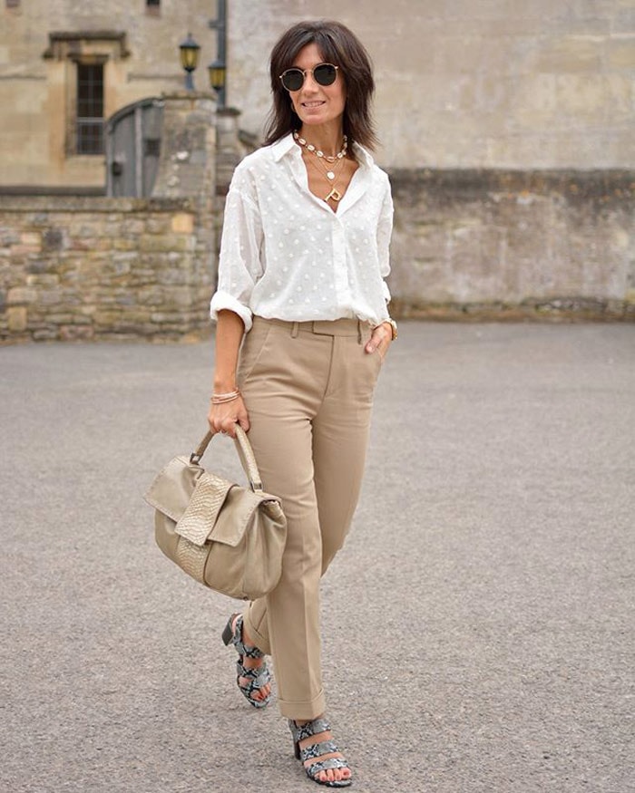 beige pants combination for ladies