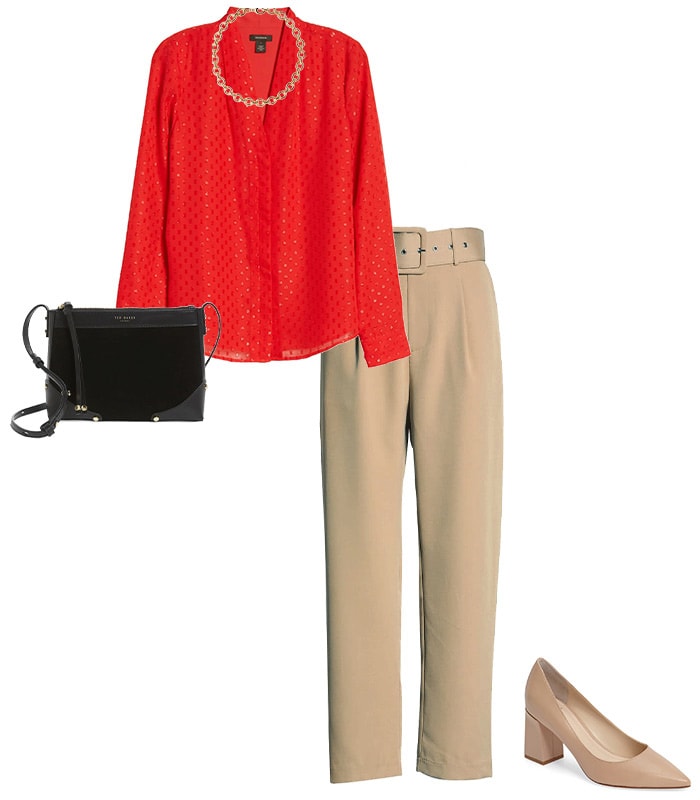 teaming a red top with nude pants | 40plusstyle.com