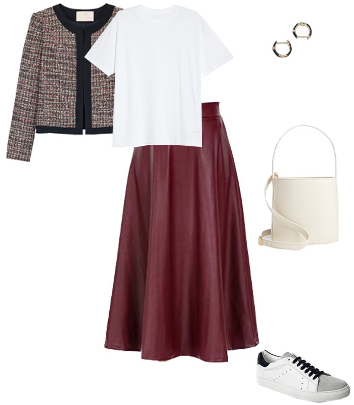 a retro style leather skirt outfit idea | 40plusstyle.com