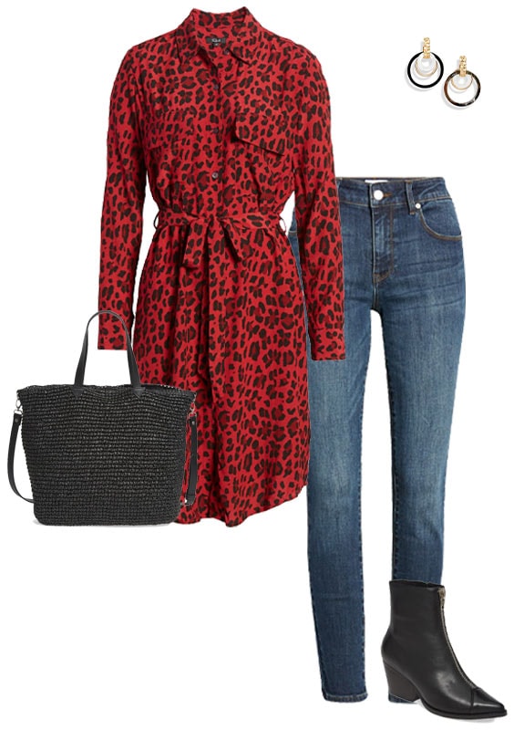 animal print shirtdress and jeans | 40plusstyle.com