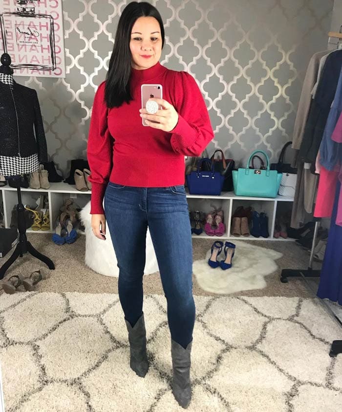 wearing an on-trend puff sleeve sweater | 40plusstyle.com