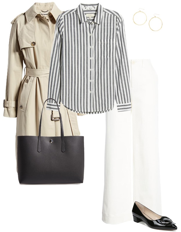 wearing a trench coat with stripes and jeans | 40plusstyle.com