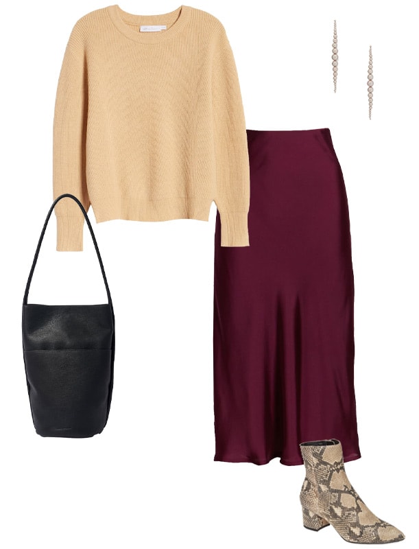 how to dress for valentines day in a neutral sweater and satin skirt | 40plusstyle.com