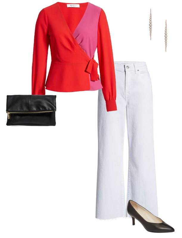 how to dress for valentines day - a wrap top worn with white jeans | 40plusstyle.com