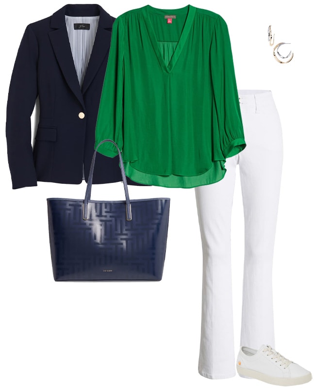 a navy, green and white outfit | 40plusstyle.com