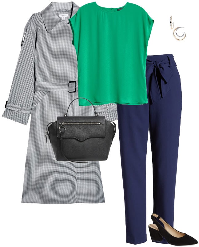 trench coat, green top and navy pants | 40plusstyle.com