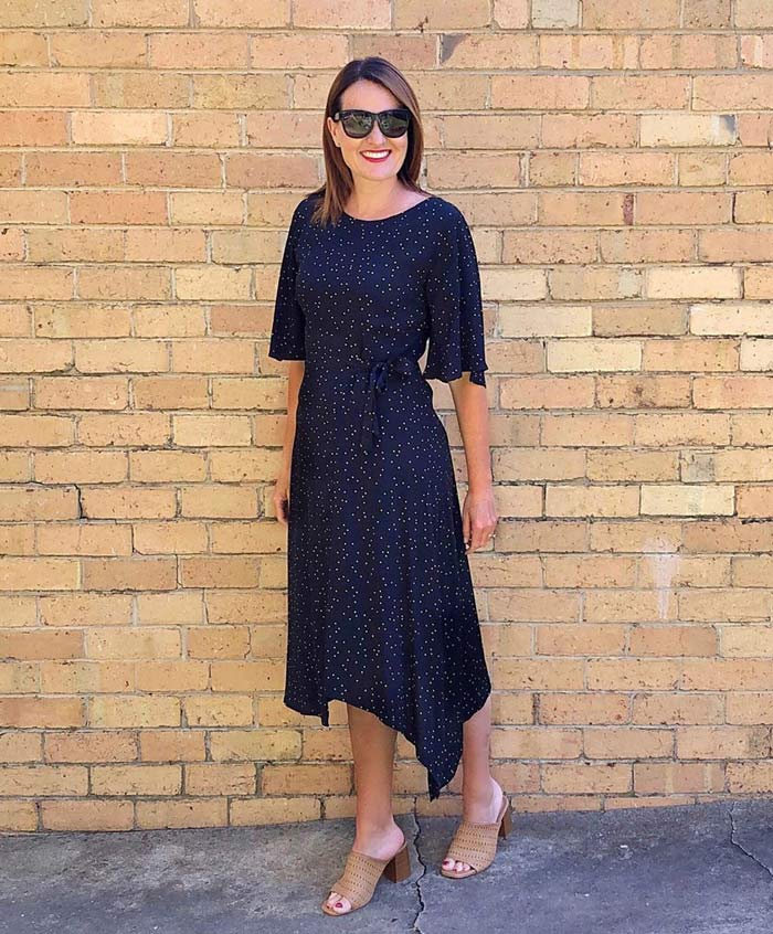 polka dot dress and mules outfit | 40plusstyle.com