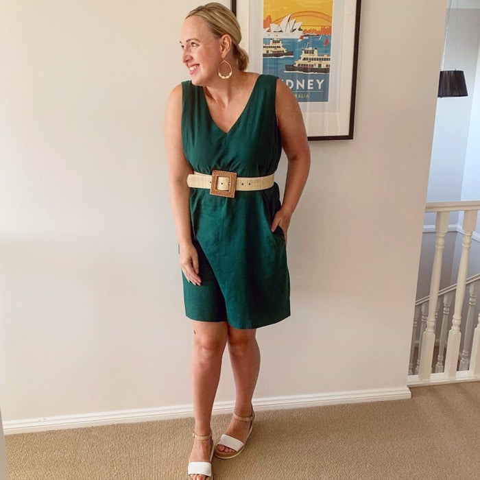 green dress worn with beige accessories | 40plusstyle.com