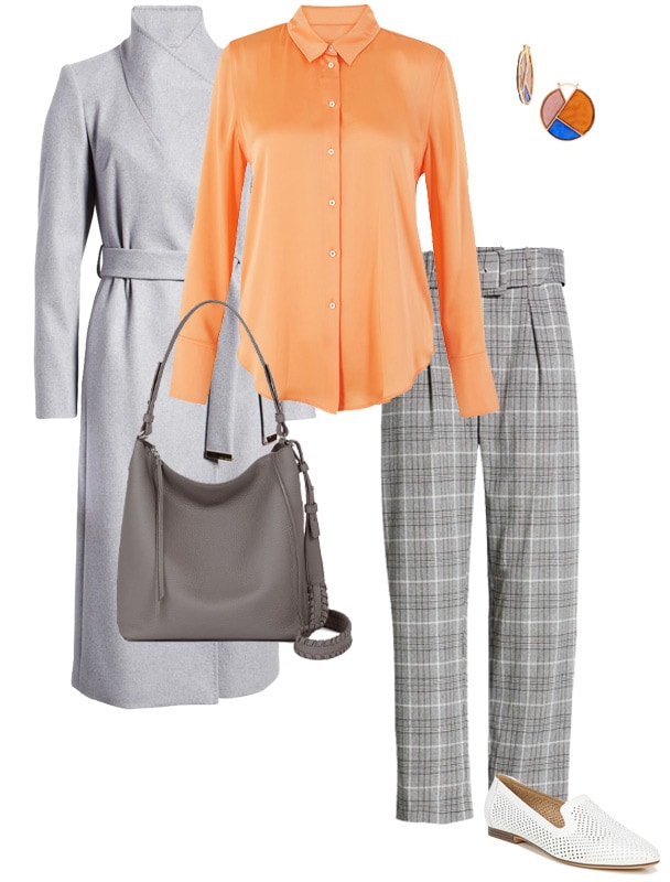 how to wear orange with a gray coat and pants | 40plusstyle.com