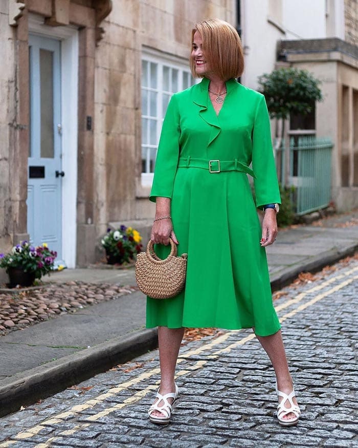 green dress worn with white | 40plusstyle.com