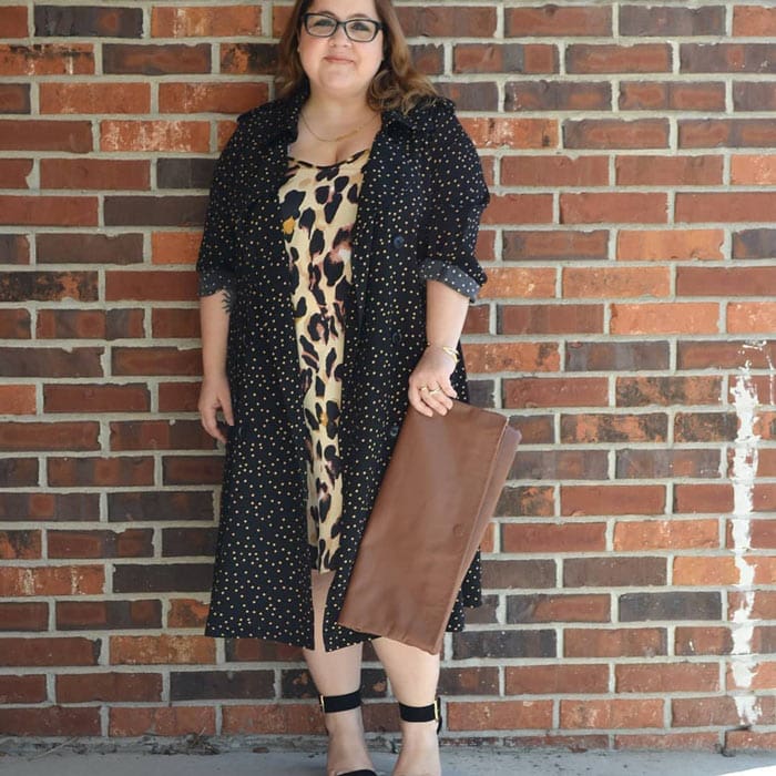 Polka dot coat with leopard print dress | 40plusstyle.com