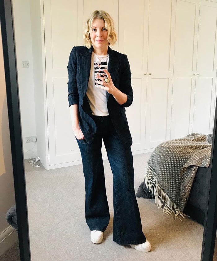 a blazer and flared jeans outfit for the rectangle figure | 40plusstyle.com