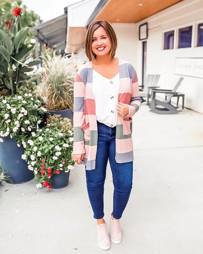 Easter outfits: a striped cardigan with jeans | 40plusstyle.com