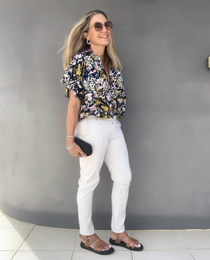 a floral top and jeans | 40plusstyle.com