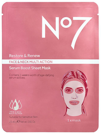 No7 Restore & Renew Multi Action Face & Neck Serum Boost Sheet Mask | 40plusstyle.com