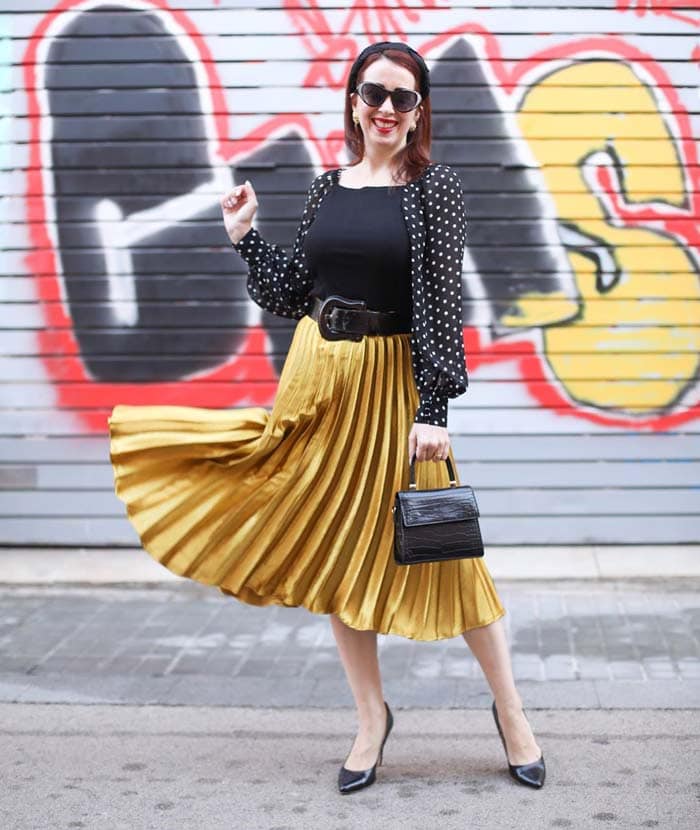 polka dot cardigan with pleated skirt | 40plusstyle.com