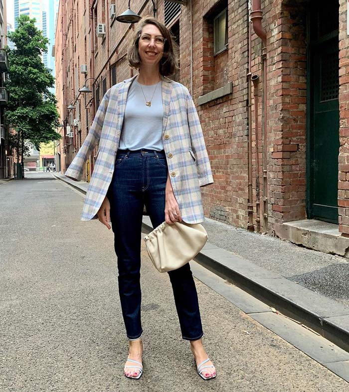 wearing a checked jacket with jeans and sandals | 40plusstyle.com