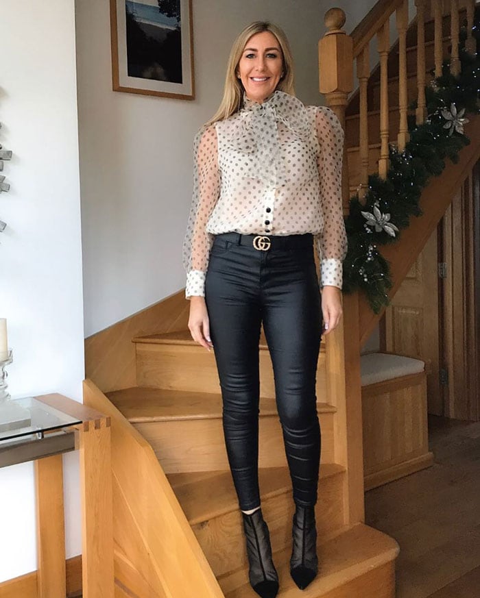 polka dot outfits - sheer bow tie blouse with skinny jeans | 40plusstyle.com