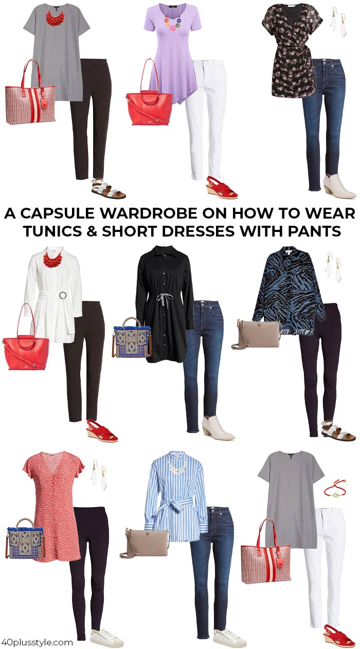 A capsule wardrobe on how to wear tunics or short dresses over pants | 40plusstyle.com