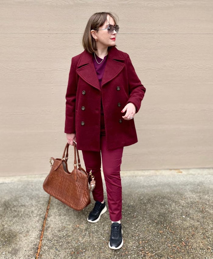 how to wear sneakers - wearing burgundy with black sneakers | 40plusstyle.com