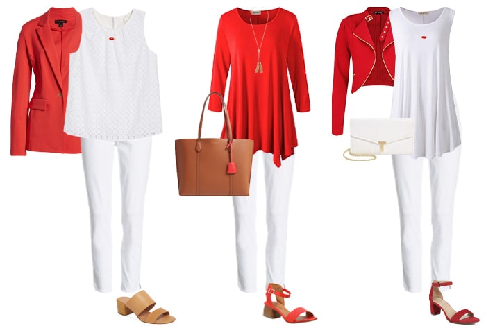 red blouse and white pants