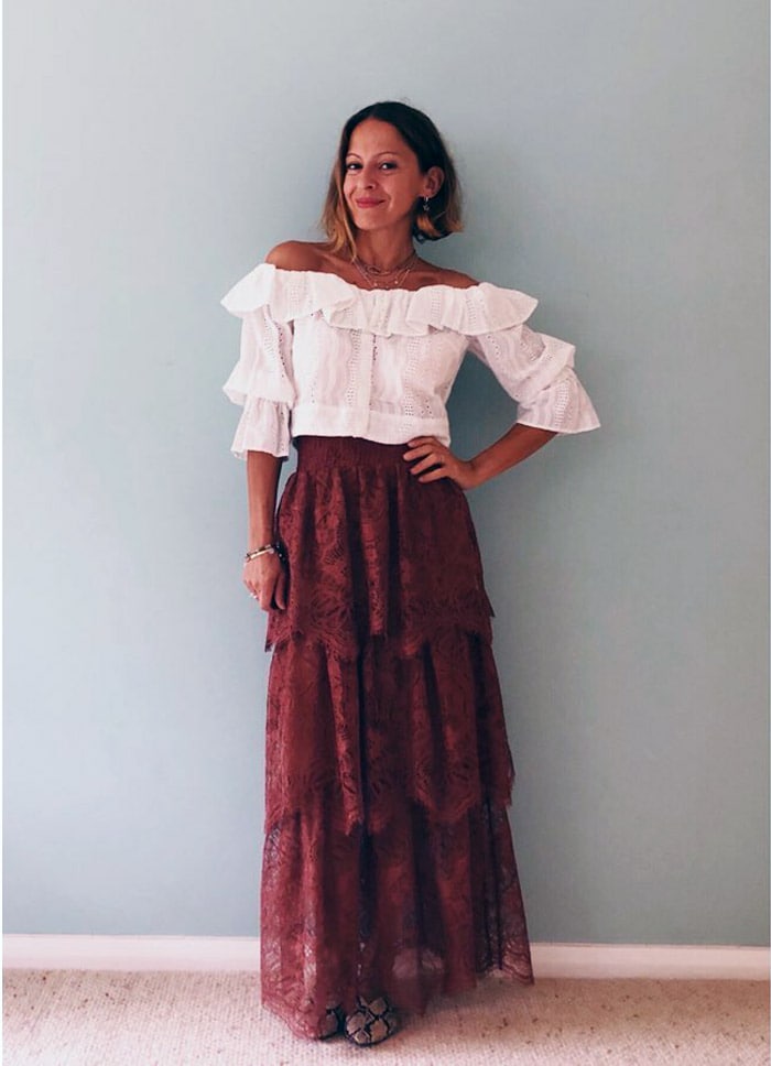 boho look inspiration:off shoulder top and tiered skirt | 40plusstyle.com