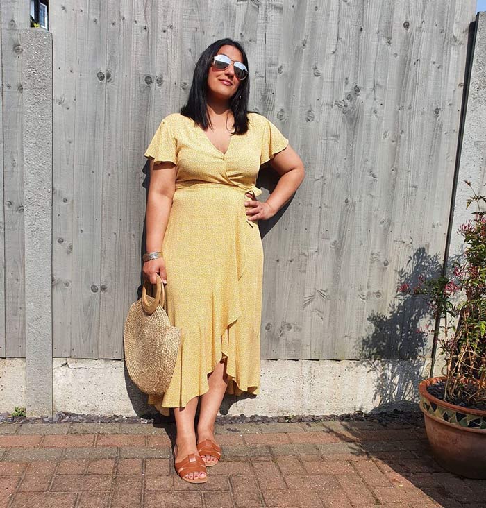 yellow midi dress outfit | 40plusstyle.com