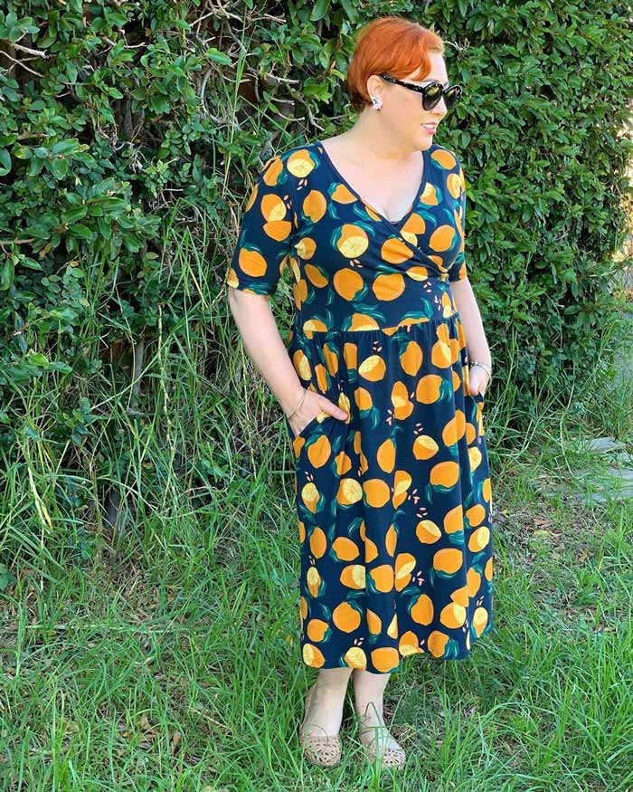 fruit print faux wrap dress | 40plusstyle.com