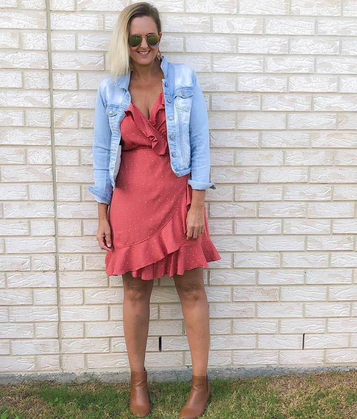 wrap dress with a denim jacket | 40plusstyle.com