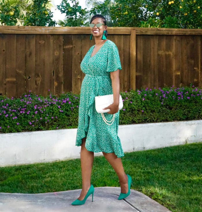 green wrap dress with white accessories | 40plusstyle.com