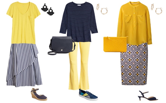 blue and yellow outfits | 40plusstyle.com