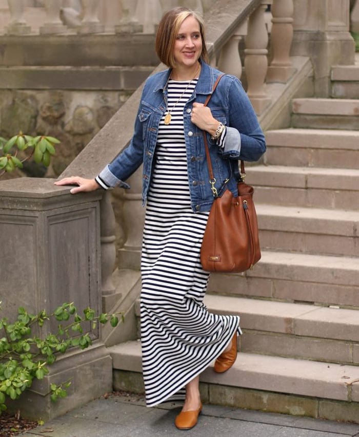 Ashley wears tan ballet flats and a striped maxi dress | 40plusstyle.com